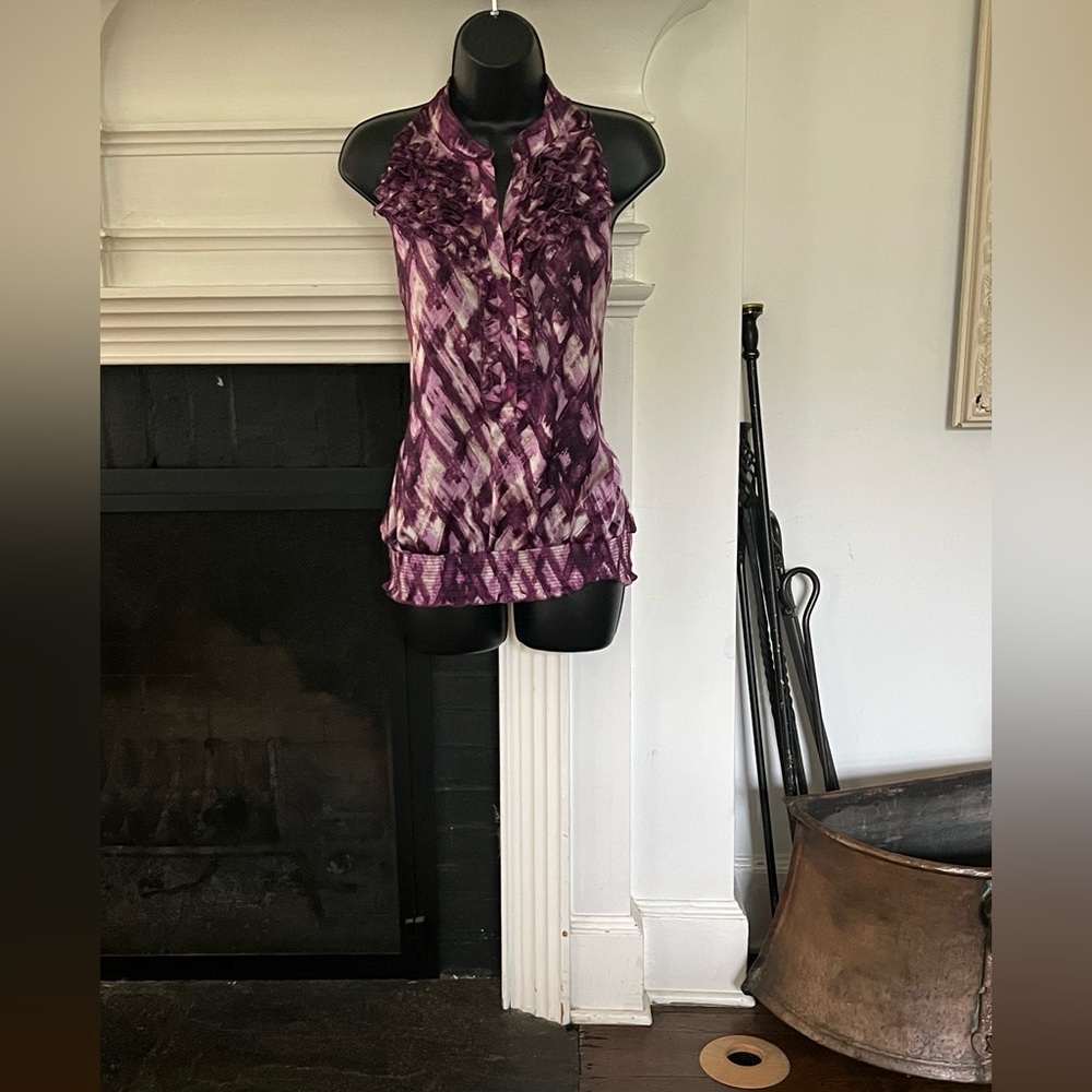 NWOT essentials top ruffle front purple and white print